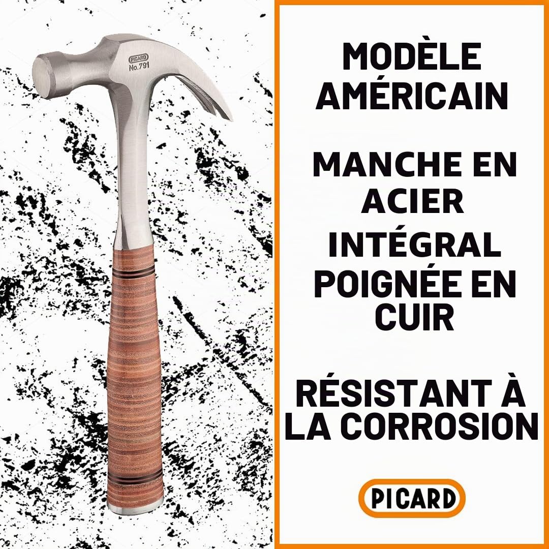 PICARD Marteau arrache-clou, no. 791, 13 mm | Marteau de charpentier professionnel | Acier spécial PICARD anticorrosion | Outil professionnel | Hammer en acier forgé avec poignée en cuir