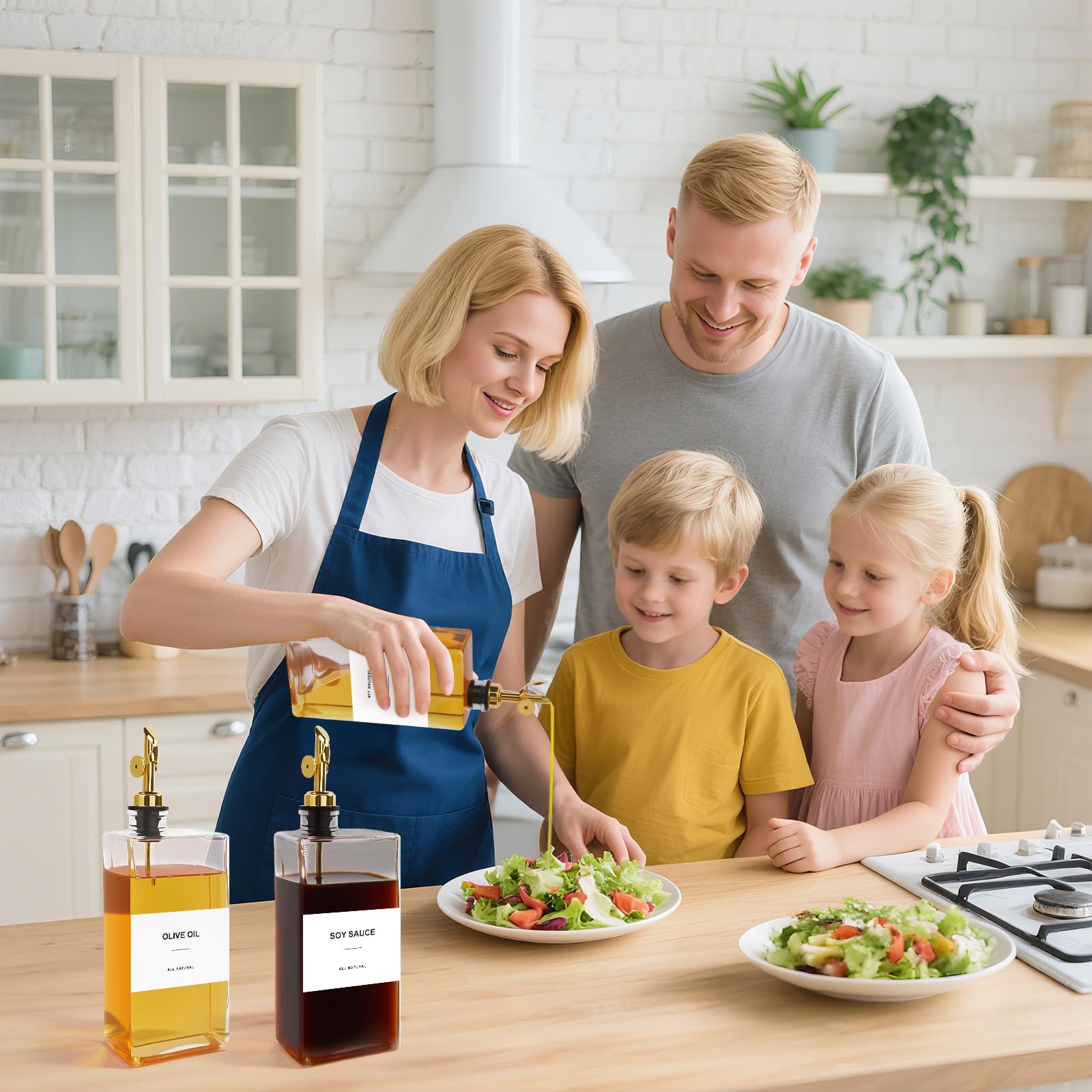 Set di 2 Oliera Salvagoccia, 500ml Bottiglie per Olio con Dosatore, Dispenser per Olio Cucina, Oliera Vetro da Tavola con Etichetta e Imbuto,Contenitore Olio da Barbecue