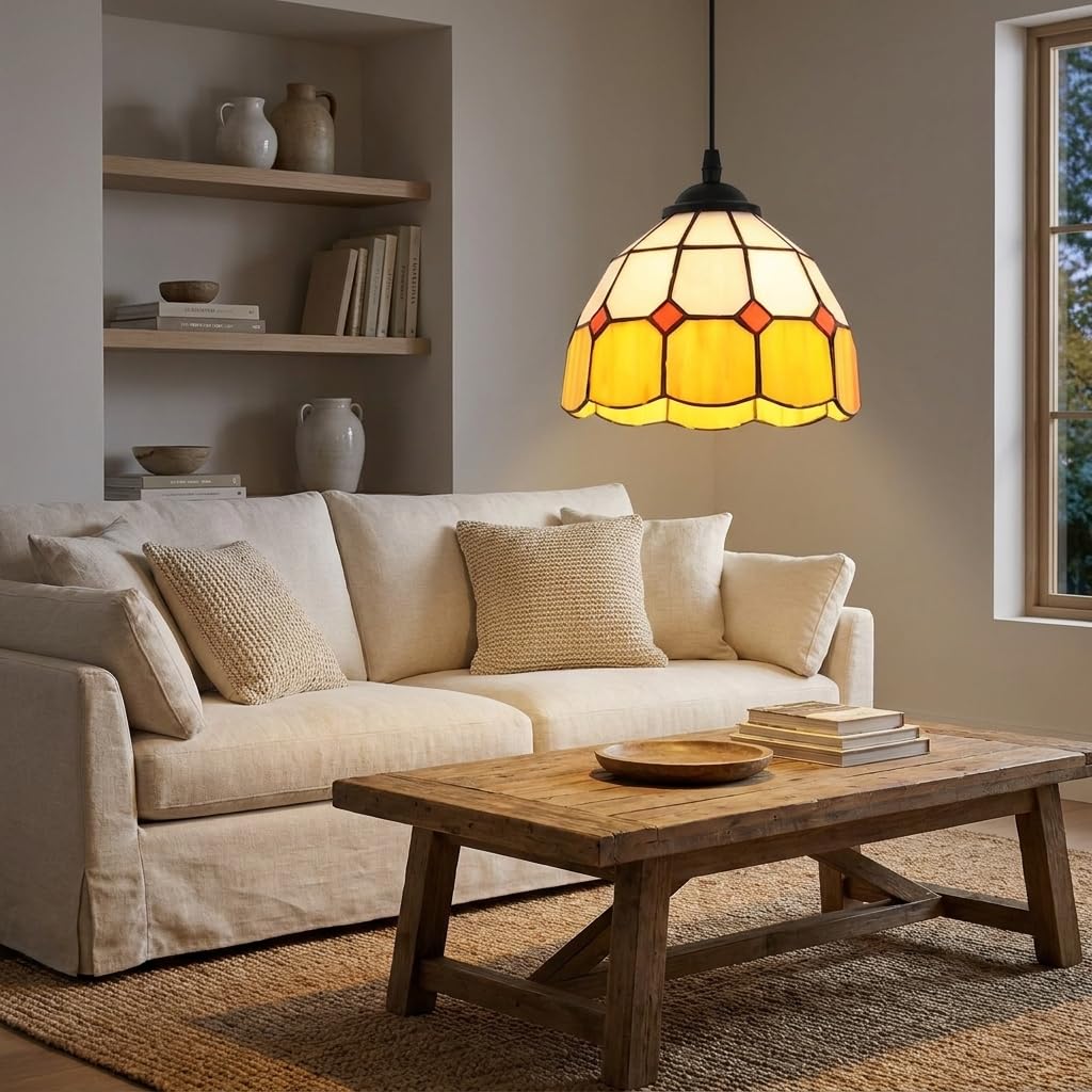 Alpinaluz suspension en verre Tiffany fait main Ø20 cm, jaune, blanc opalin et transparent, douille E27, hauteur réglable, style classique vintage