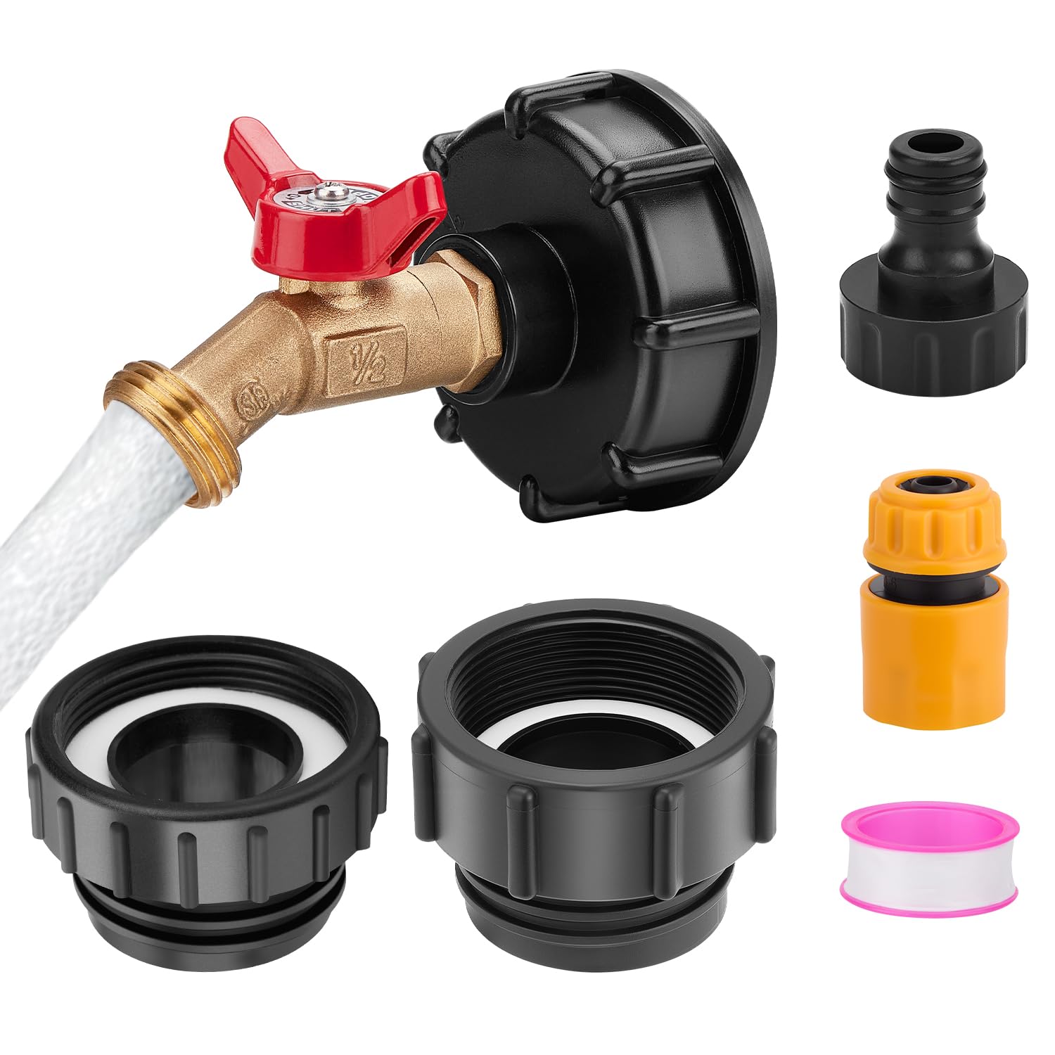 WADEO IBC Tote Adapter, 2.44" Fine Thread Adapter for 275-330 Gallon IBC Tote Tank - Solid Brass Water Shut-Off Valve Faucet (1/2" Male NPT Inlet ×3/4" GHT Outlet) - with Garden Hose Quick Connector