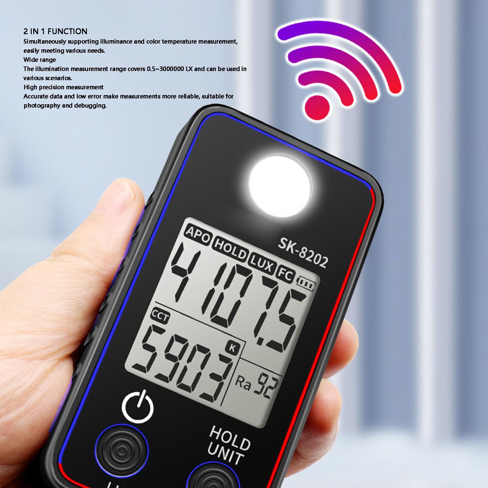 Luocute Esposimetro Digitale con Luxmetro e Rilevamento CCT per la Fotografia | Sensore Grandangolare da 100°, Precisione di Illuminazione ±4%, Gamma 0,5-300000LX, Uso Portatile per Illuminazione di