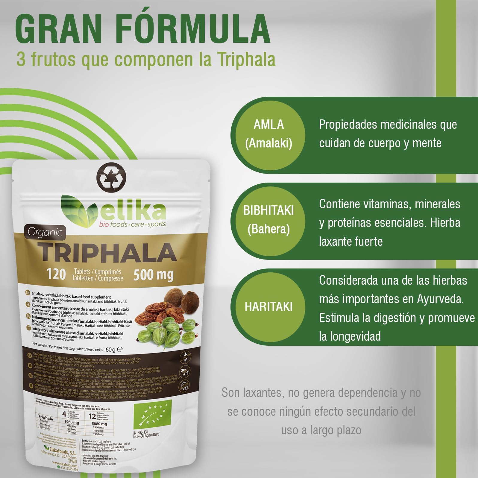 Triphala BIOLOGICO di Elikafoods®. Depurativo e disintossicante naturale. Integratore naturale per la pulizia del colon. Compresse naturali per la stitichezza intestinale - 120 compresse da 500 mg.