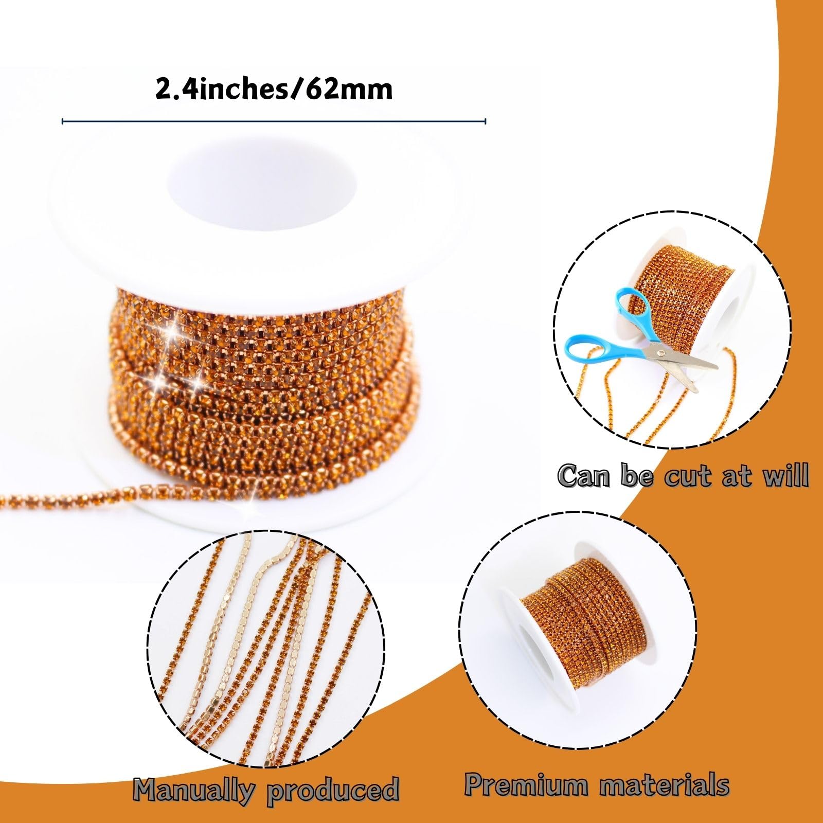 PEARLY JUN 10 Yards Orange Rhinestone Chain Topaz Rhinestone Trim Crystal Artificial Stone Trim Cup Chain SS6 2mm Color Plated Cup Stitch Costume Decoration - Image 3