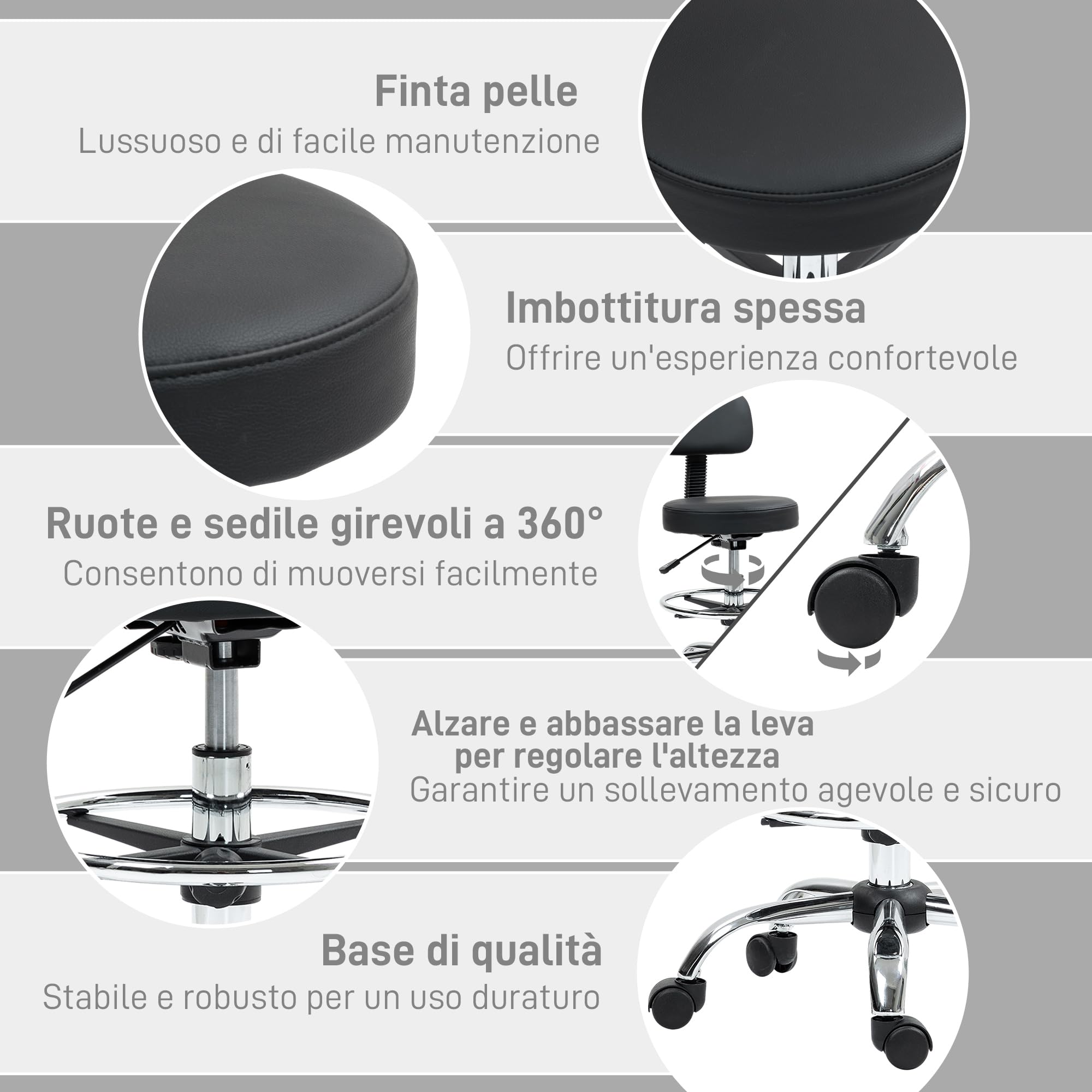 HOMCOM Taburete Giratorio, Taburete con Ruedas y Respaldo, Reposapiés, Altura Ajustable, Tapizado en Cuero Sintético, para Oficina, Dormitorio, Negro