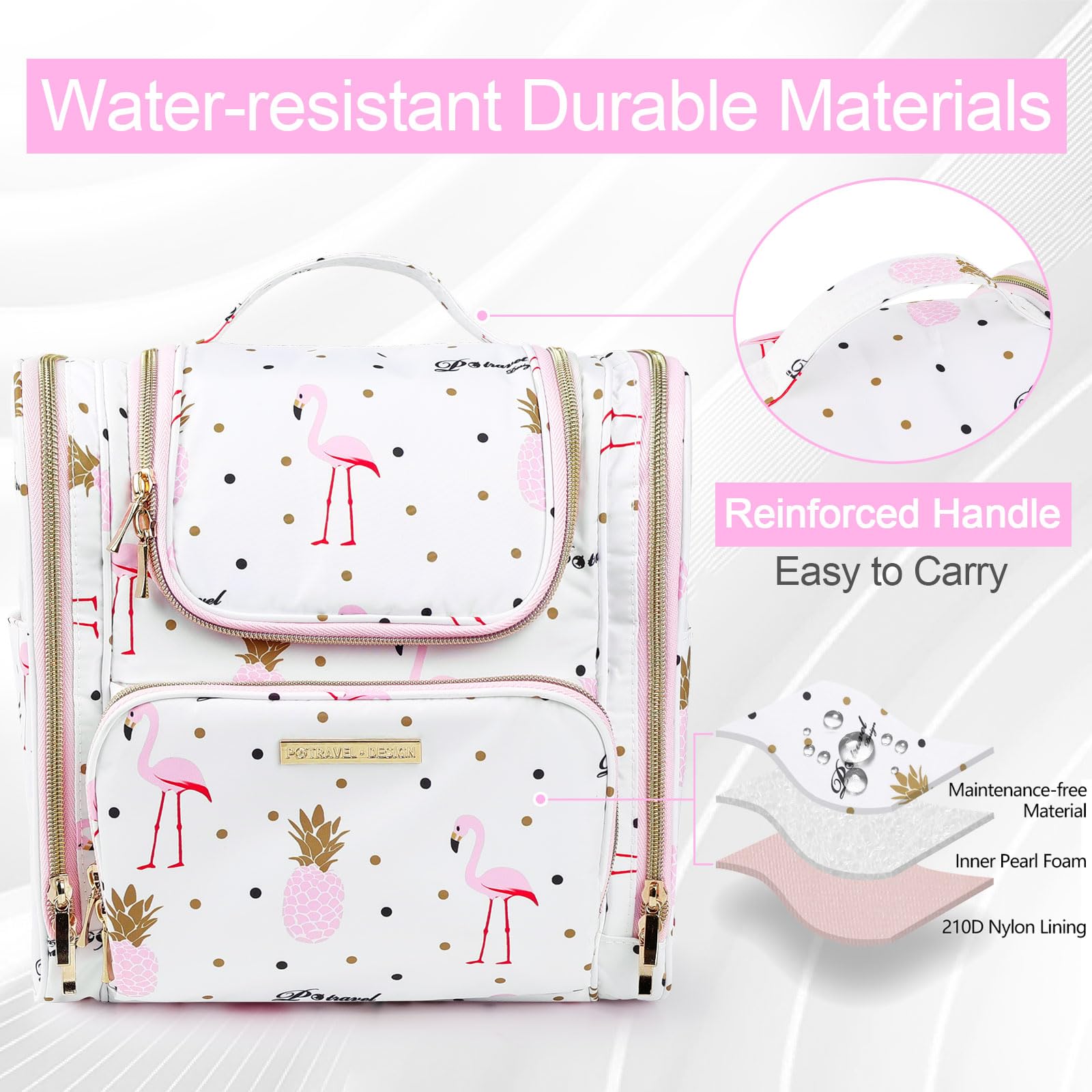 Beauty Case da Viaggio per Donne, Lychii Borsa da Toilette Con Gancio, Impermeabile Trousse Trucchi Cosmetici Organizer - Fenicottero