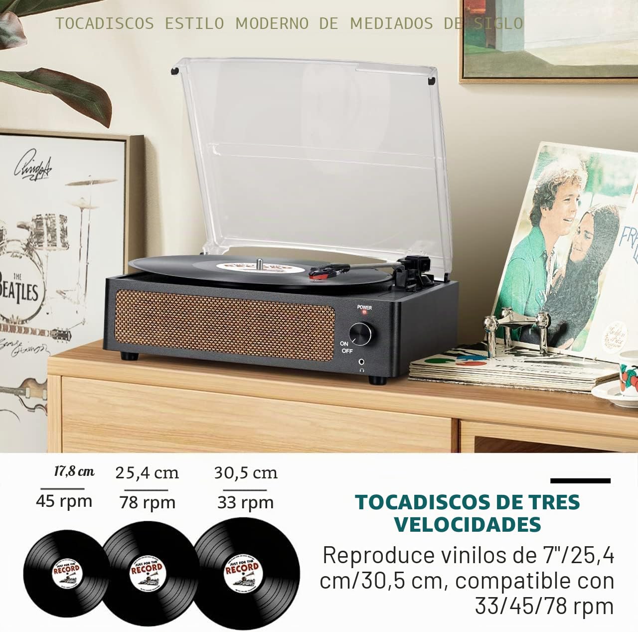 Reproductor de discos de vinilo con altavoz clásico para discos de vinilo, tocadiscos accionados por correa, soporte de 3 velocidades, reproducción inalámbrica, auriculares, retro, negro