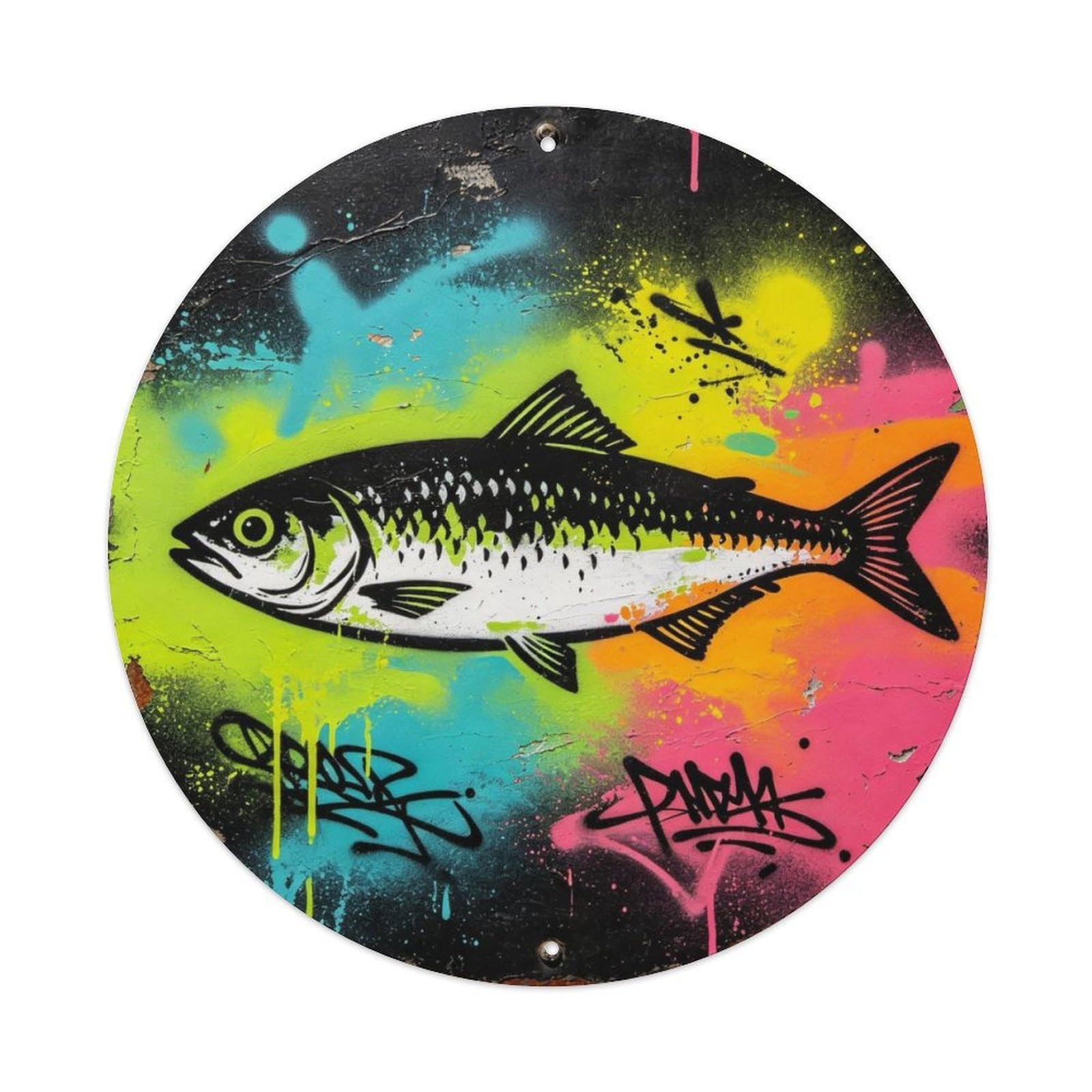 Graffiti Street Art Sardine Circular Metal Tin Sign Plaque