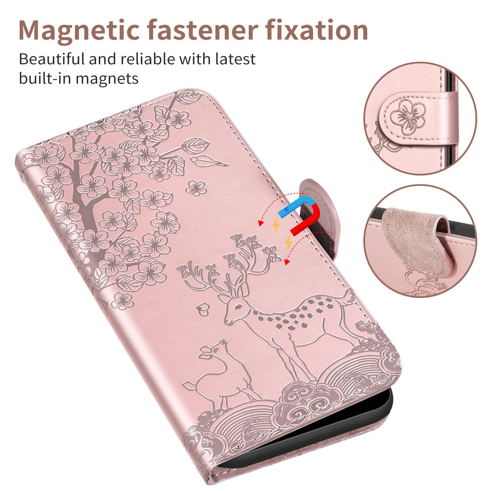 Etui do Samsung Galaxy S22/S22 Plus/S22 Ultra, wytłaczany jeleń skóra PU, portfel etui z przegródkami na karty podpórka, magnetyczne etui na telefon z klapką, różowe, S22 6,1"