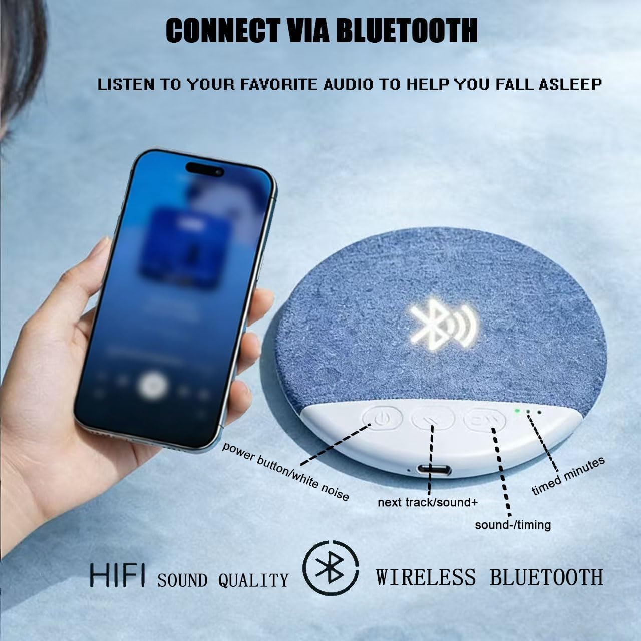Bluetooth Pillow Speaker for Sleeping, Mini Portable Under Pillow Speaker with White Noise Timer & Auto-Off, Wireless Sleep Aid with Stereo Bass Private Sleep Headphones for Adult Kids — view 3