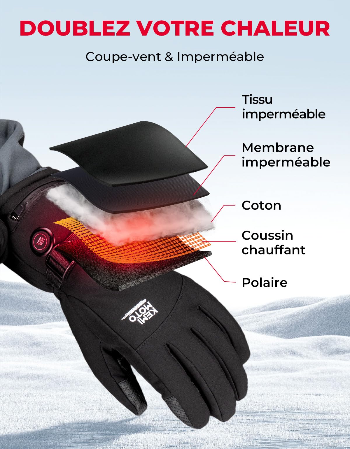 KEMIMOTO Gant Chauffant Moto, Rechargeables Électriques 2500MAH Gant Moto Hiver Imperméables Écran Tactile Thermiques avec 3 Réglages de Chaleur pour Patinage Ski Bicyclette Camping