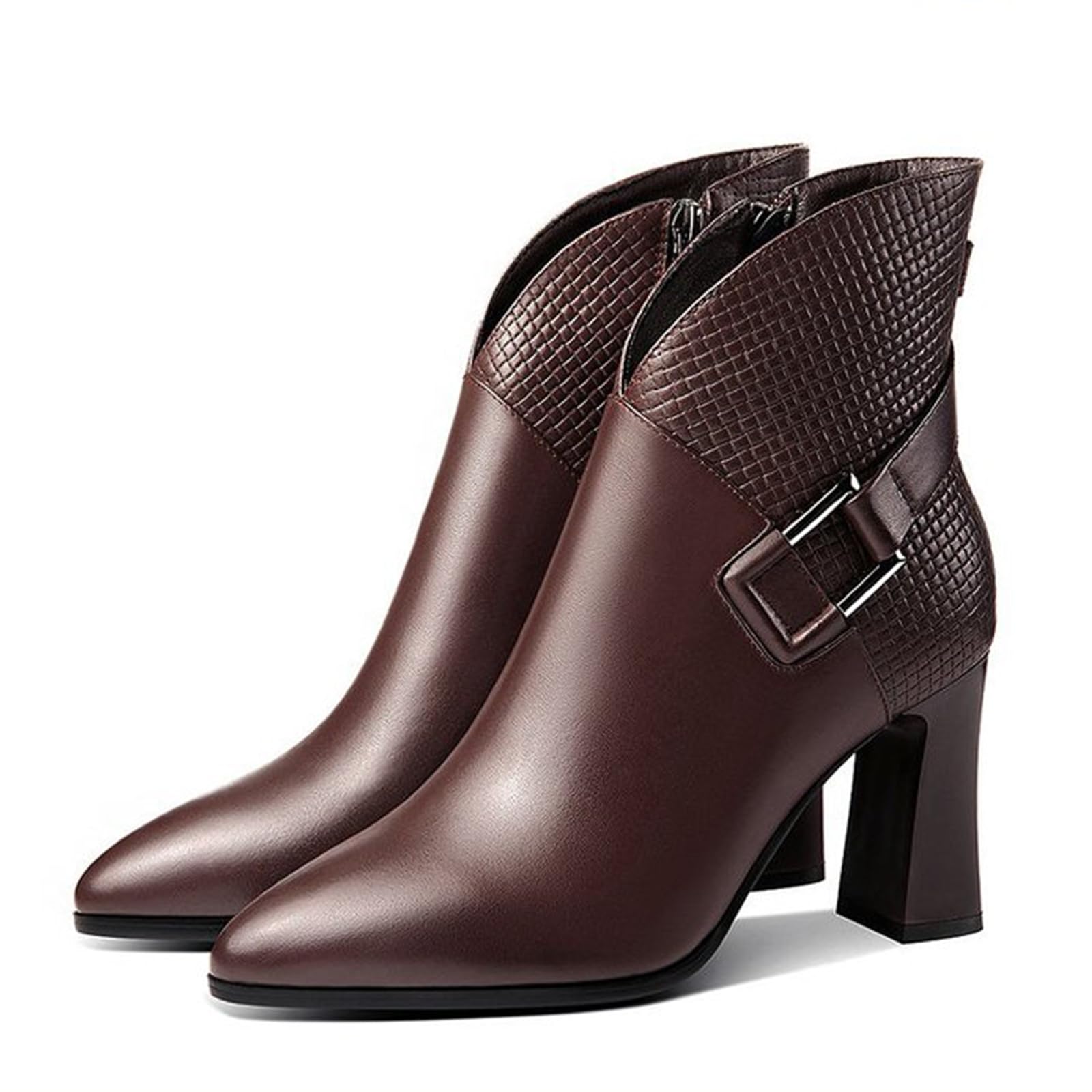 Womens Leather Pointed Toe Side Zipper Elegant Chunky Heel High Heels With Buckle Solid Color Ankle Boots Suitable