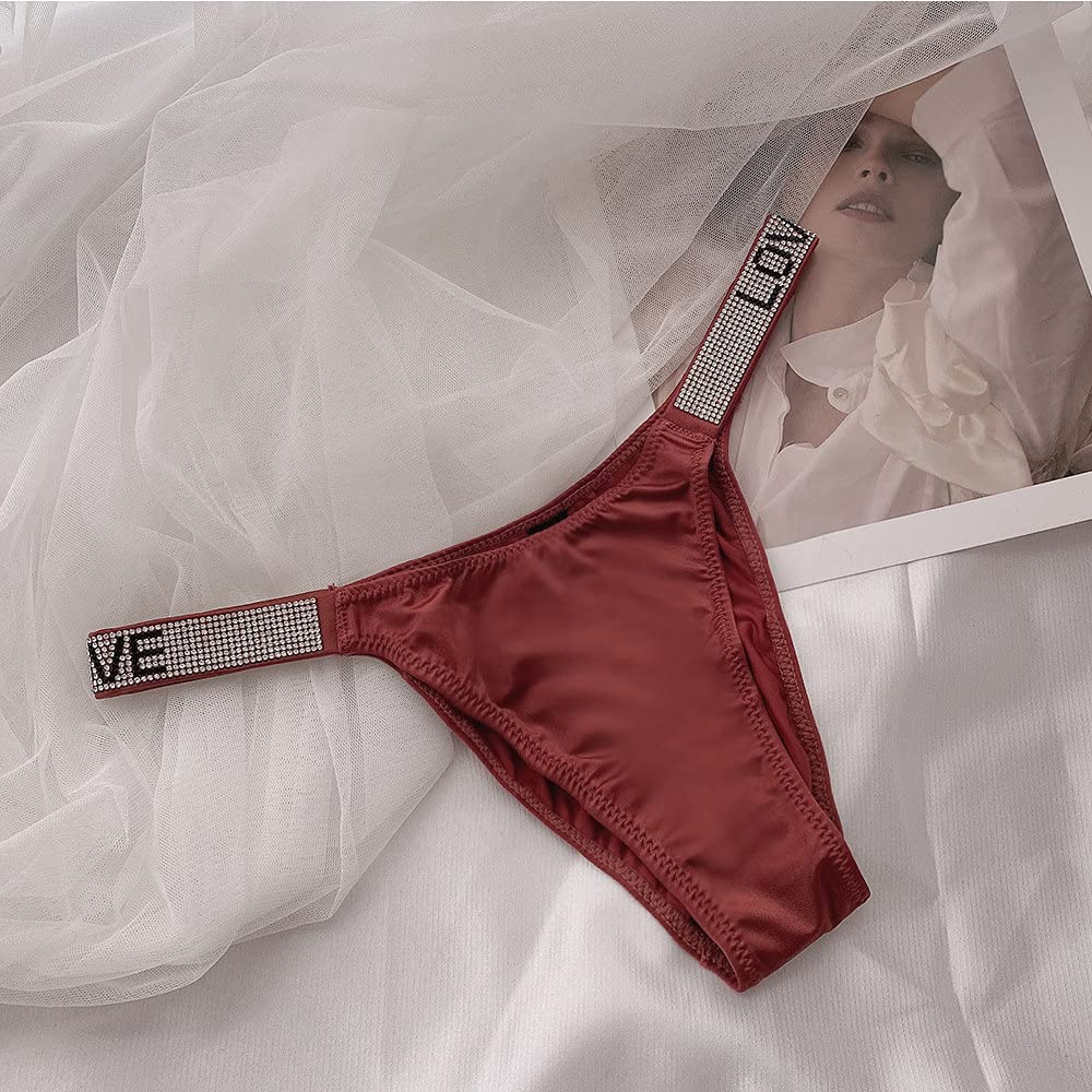 YUHOOE Femmes Culottes Sexy String Bikini Strass Lettre Ceinture G-String Culotte Taille Basse T-Back String sous-Vêtements Doux,5Pack
