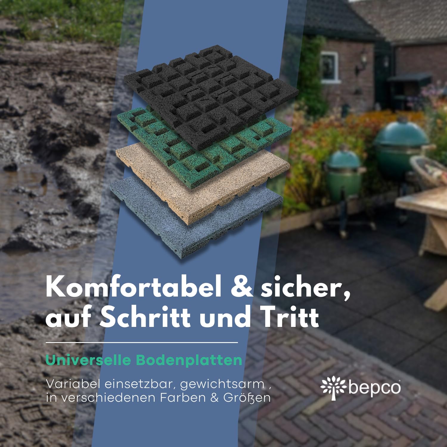 bepco Fallschutzmatte 4er Set - Gummimatte, Bodenmatte, stoßdämpfend & rutschfest, mit 16 Verbindungsstiften, aus recyceltem Gummi, für Wege/Terassen/Spiel &-Sportanlagen (Grün, 40 x 40 x 2,5cm)