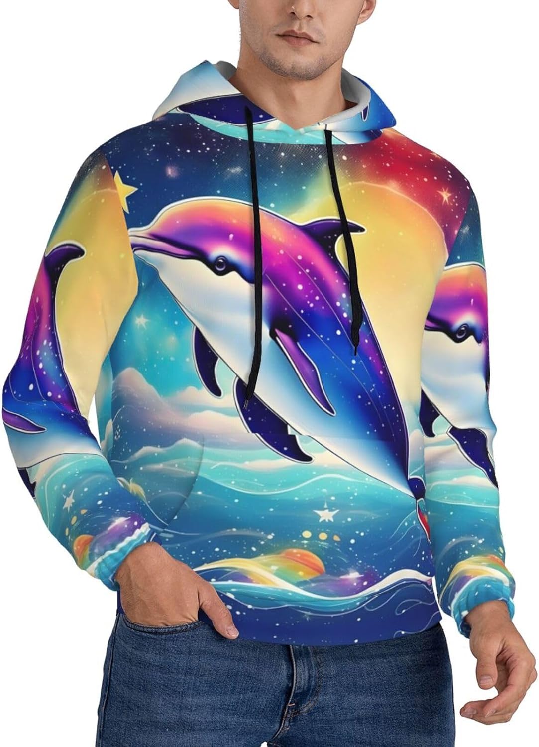 Colorful Starry Sky Ocean Dolphin print Men's novelty hoodie print sweatshirt for casual pullovers for both men and women Black