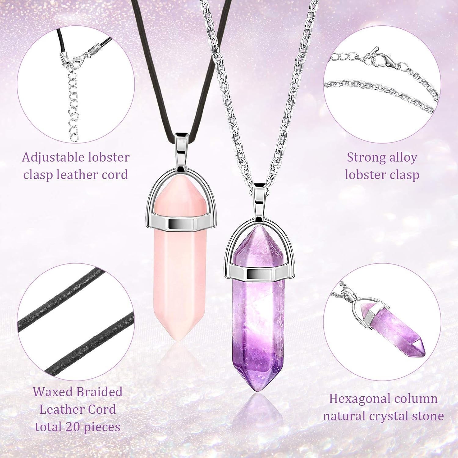 20 Pieces Hexagonal Crystal Necklaces Shape Gemstone Pendant Necklaces Pointed Chakra Stone Chain Necklaces with 20 Inch Chain and 18 Inch Leather Cords - Image 2