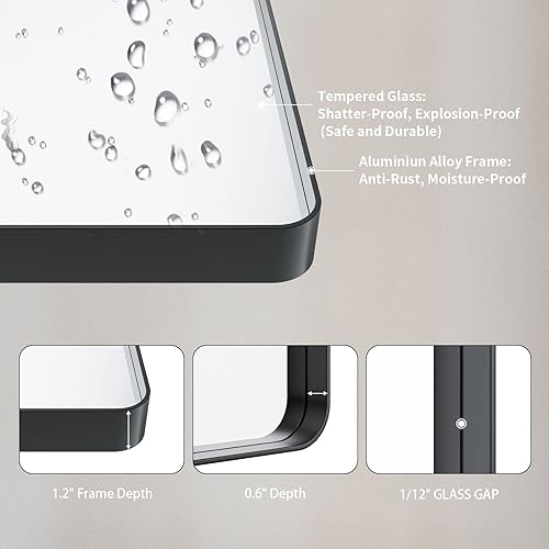 Miniatura 5 de LOAAO Espejo de baño con marco de metal negro de 20 x 16 pulgadas para pared, espejo de tocador de baño negro mate, espejo rectangular redondeado