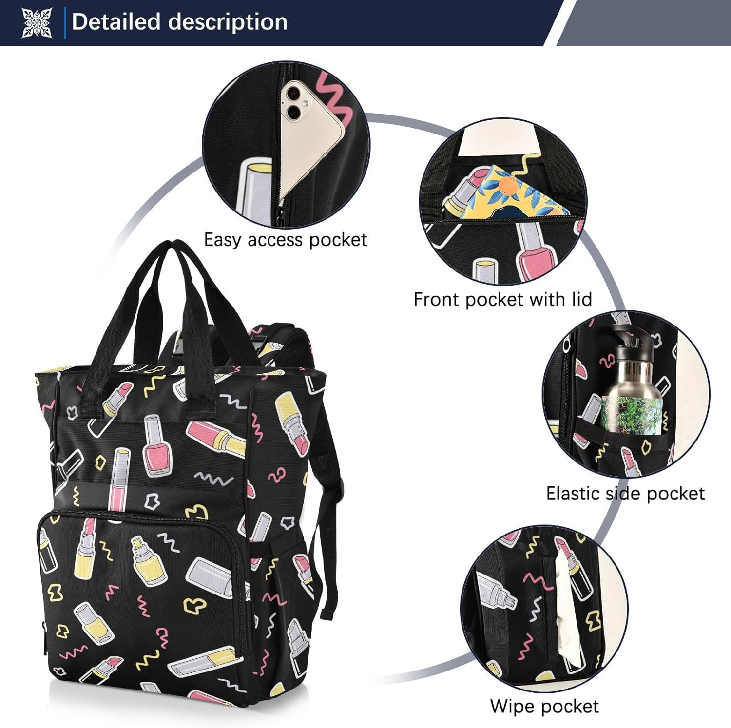 Beauty Lipstick Black Print Diaper Bag Backpack for Baby Boys Girls Multifunction Baby Essentials Travel Tote with Stroller Straps & Bottle Storage Large Travel Diaper Backpack for Baby Gifts
