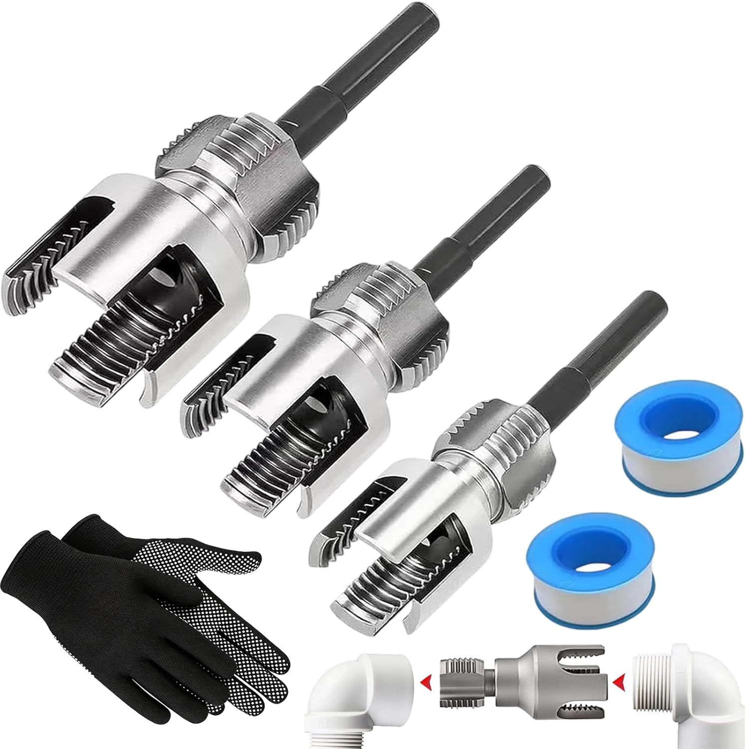 PVC Pipe Threader Kit, Pipe Tapping and Threading Tool, Internal & External Pipe Threader for 1/2", 3/4", 1" Sizes PVC Pipes Suit for All Electric Drills (1''+1/2''+3/4")