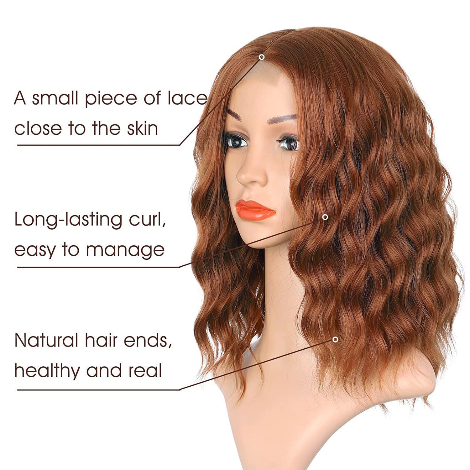 PORSMEER Auburn Brown Short Wavy Bob Wigs with Lace Middle Parting for Women Girls Natural Shoulder Length Synthetic Hair Wig Realistic Looking Wigs for Daily Party Use 14” - Image 2