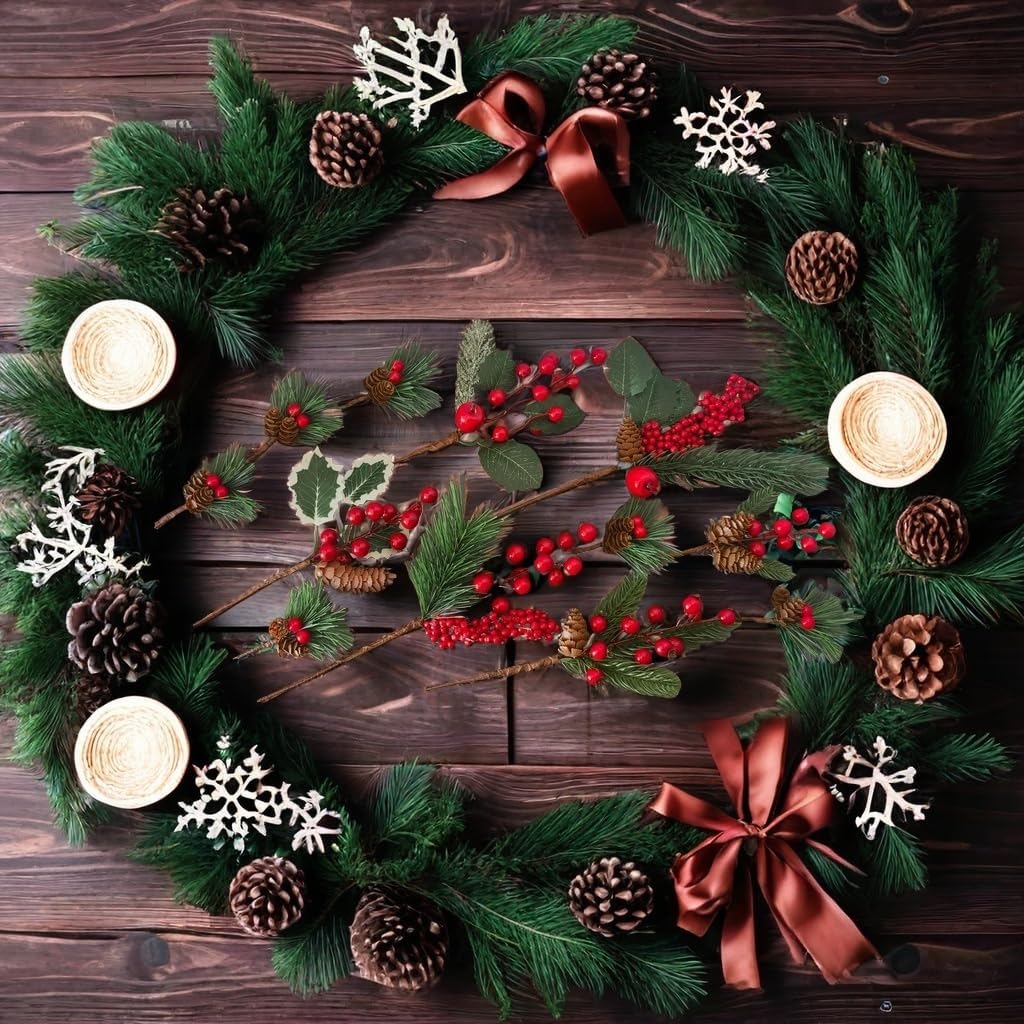 15 Pcs Christmas Tree Floral Picks 9 Styles Red Berry Picks Stems Assorted Artificial Pinecones Holly Leaves Pine Branch for Christmas Decor Floral Arrangement Wreath