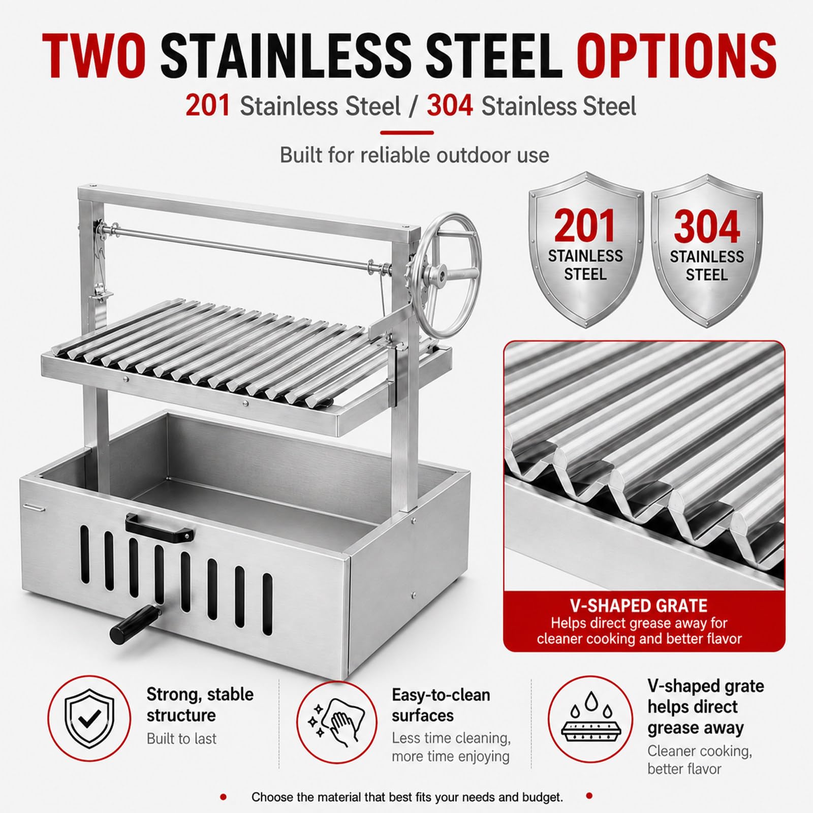 Barbecue A Carbone Smontabile con Griglia 304StainlessSteel | Due Opzioni In Acciaio Inox, Griglia A V E Manovella Laterale Per Una Regolazione Semplice Dell'altezza.