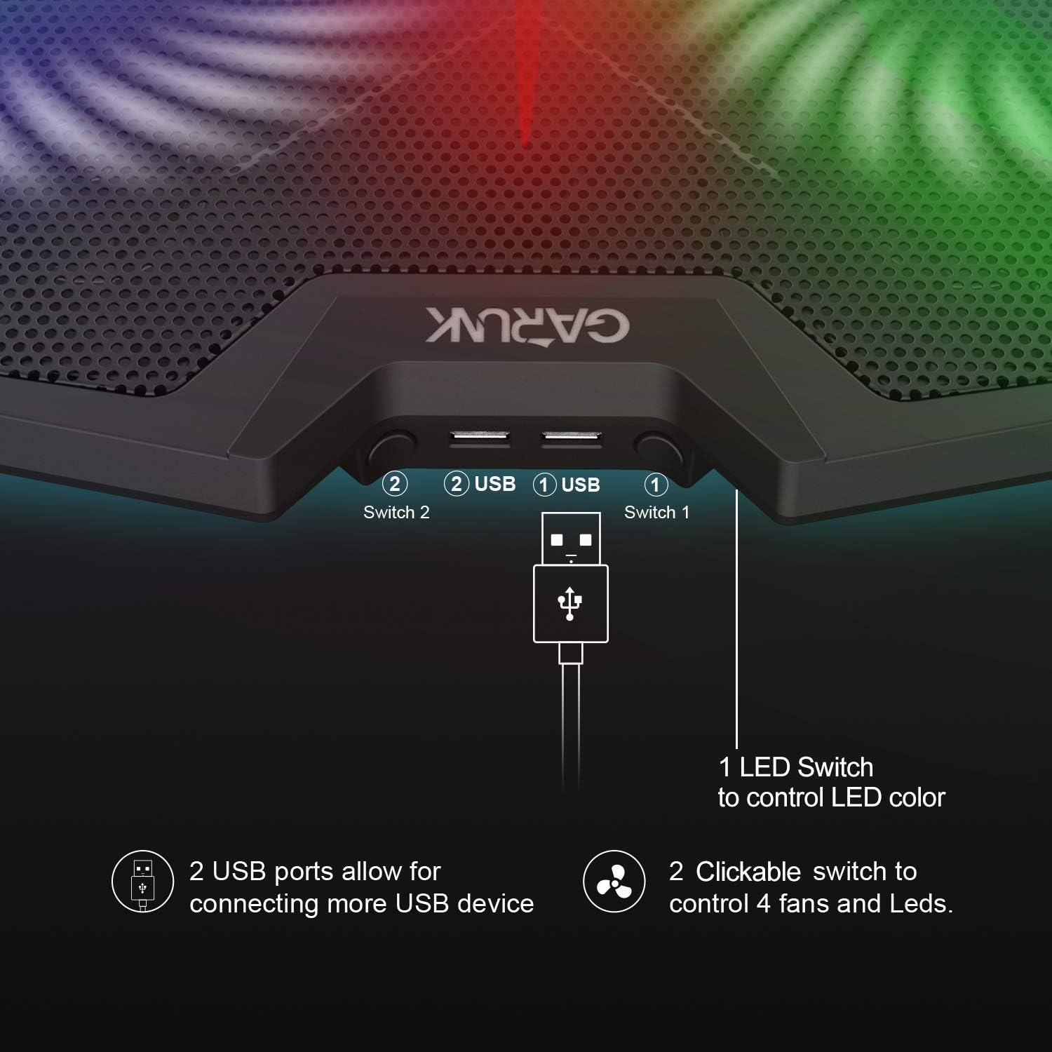GARUNK Laptop Cooler Cooling Pad for 13.3-17.3 inch Laptop / PS4 with 4 Quite 125mm Fans at 1500 PRM and Colorful LED, Dual USB 2.0 Ports and Adjustable Mount Stand, Black