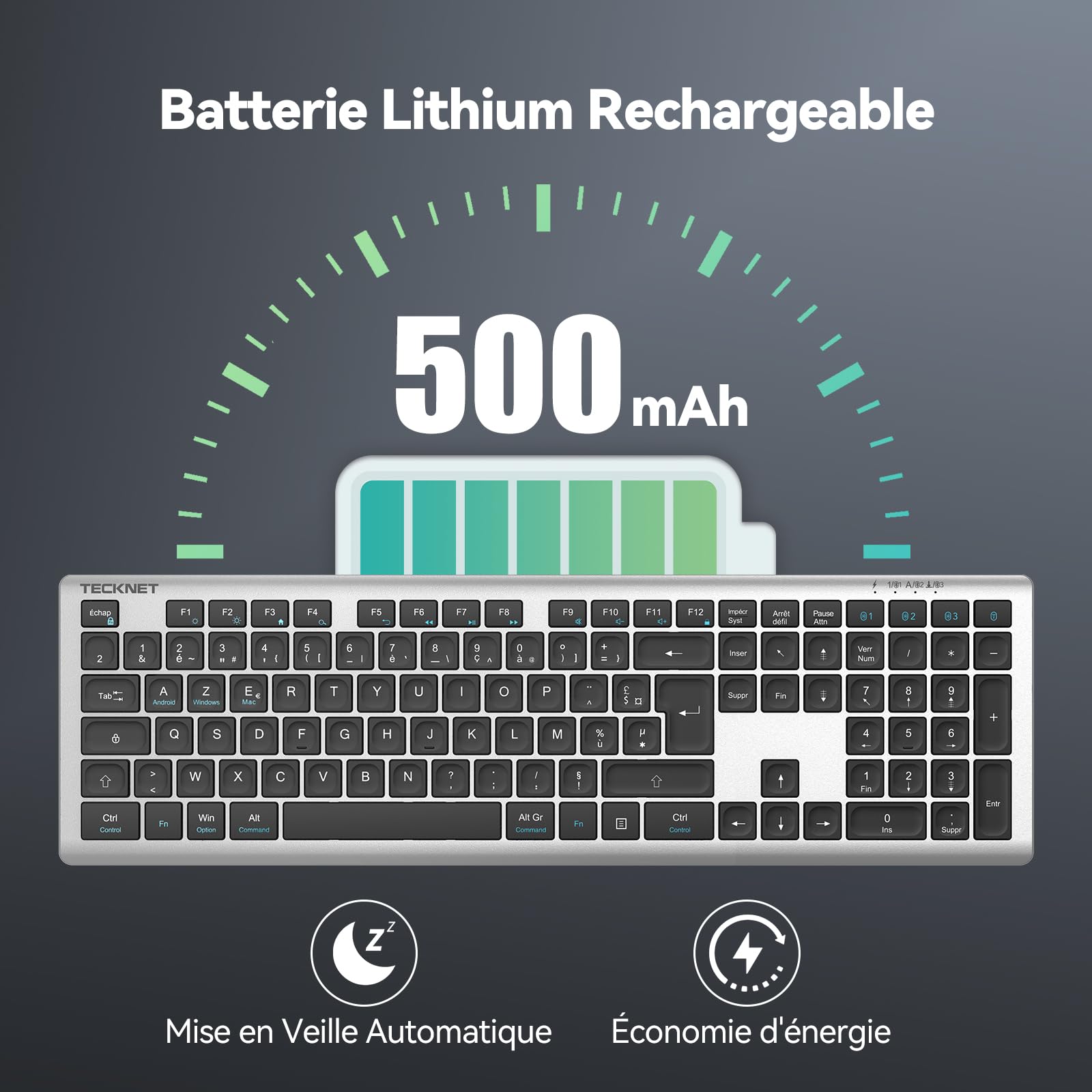 TECKNET Clavier sans Fil Ultra-Mince Rechargeable, Clavier Bluetooth 3 Canaux Multi-appareils, Clavier Silencieux à Frappe Douce, Compatible Mac OS et Windows, Connexion Stable et Longue Autonomie
