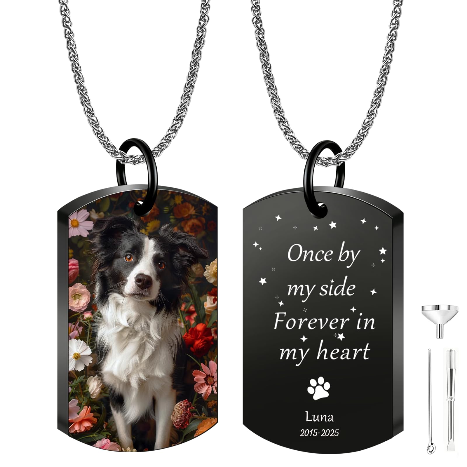Iwe Personalised Dog Ashes Necklace – Custom Pet Ashes Necklace with Photo and Text Memorial Keepsake for Dog Loss (Black-UV-2)