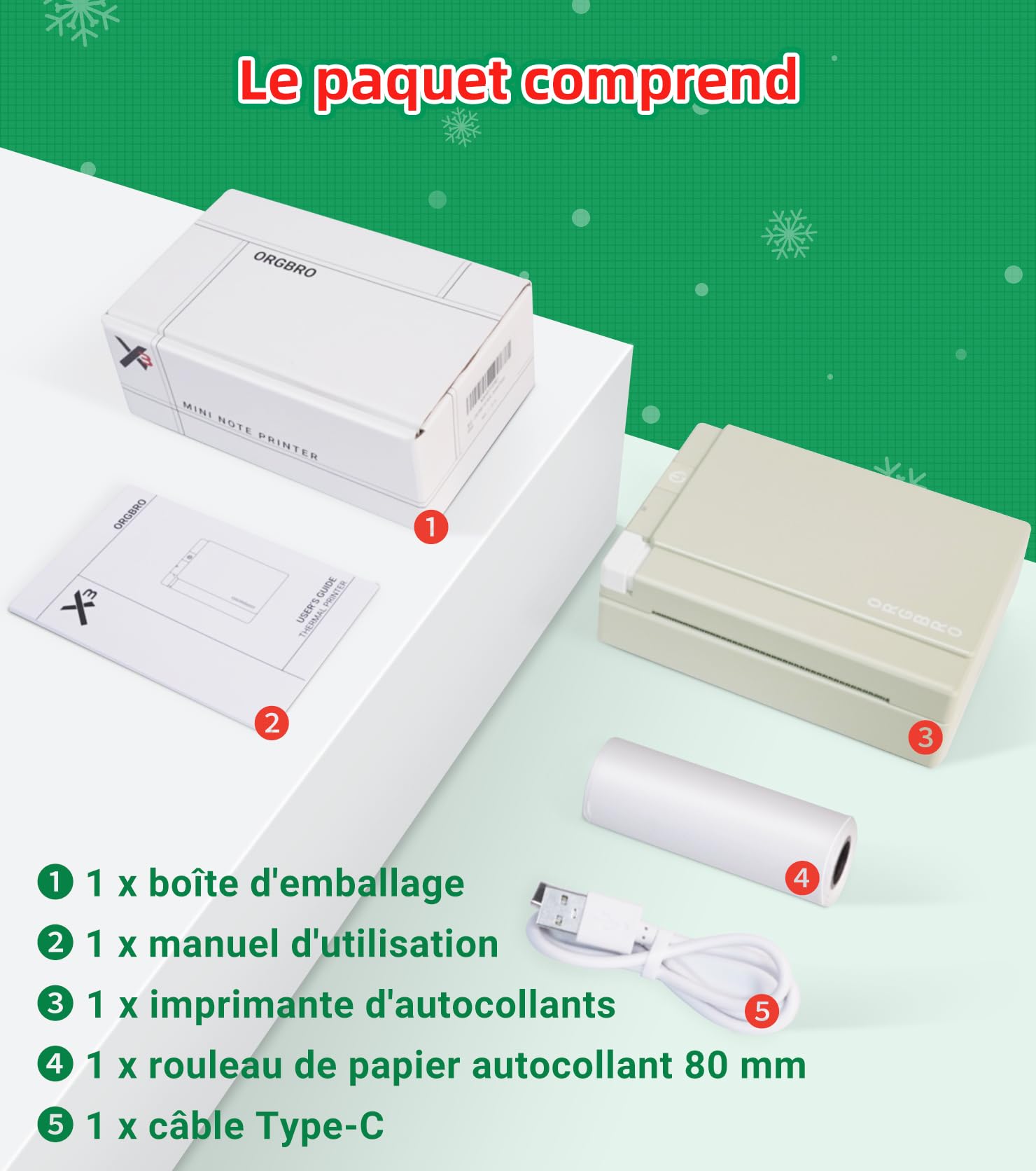 ORGBRO Mini Imprimante, X3 Thermique Bluetooth Imprimante Autocollante Portable, avec 1 Rouleau de Papier Thermique, 300DPI Petite Printer pour DIY Photos, Notes, Compatible iOS Android, Vert Olive