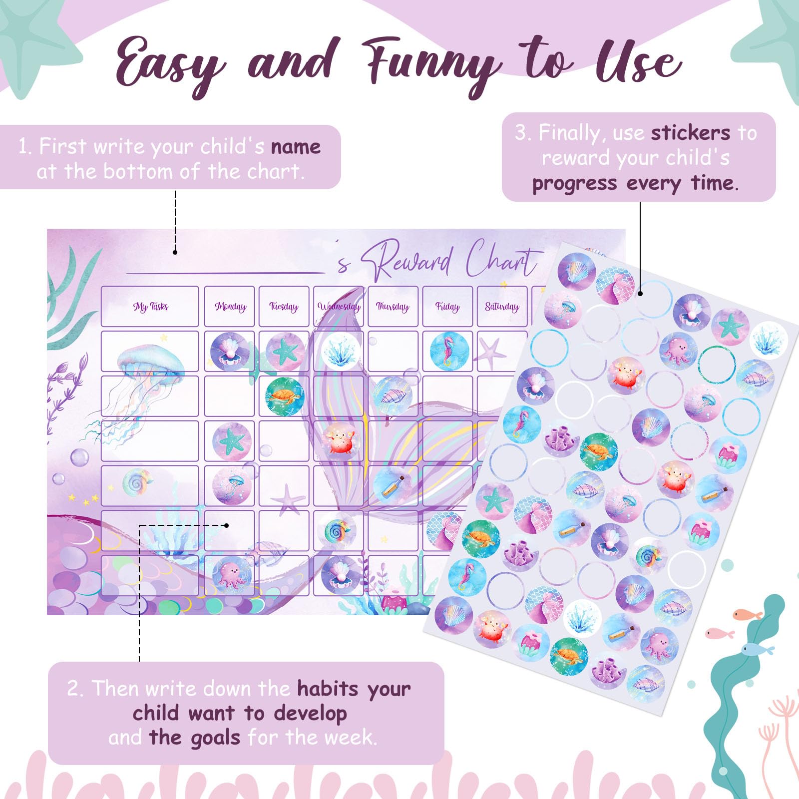 Tenare 12 Pieces Reward Chart with Stickers 6 Pieces Behaviour Charts, 6 Sheets/ 360 Pcs Reward Chart Reusable Stickers for Girl Boy Children Behavior Training Develop Habit(Purple,Mermaid) - Image 4