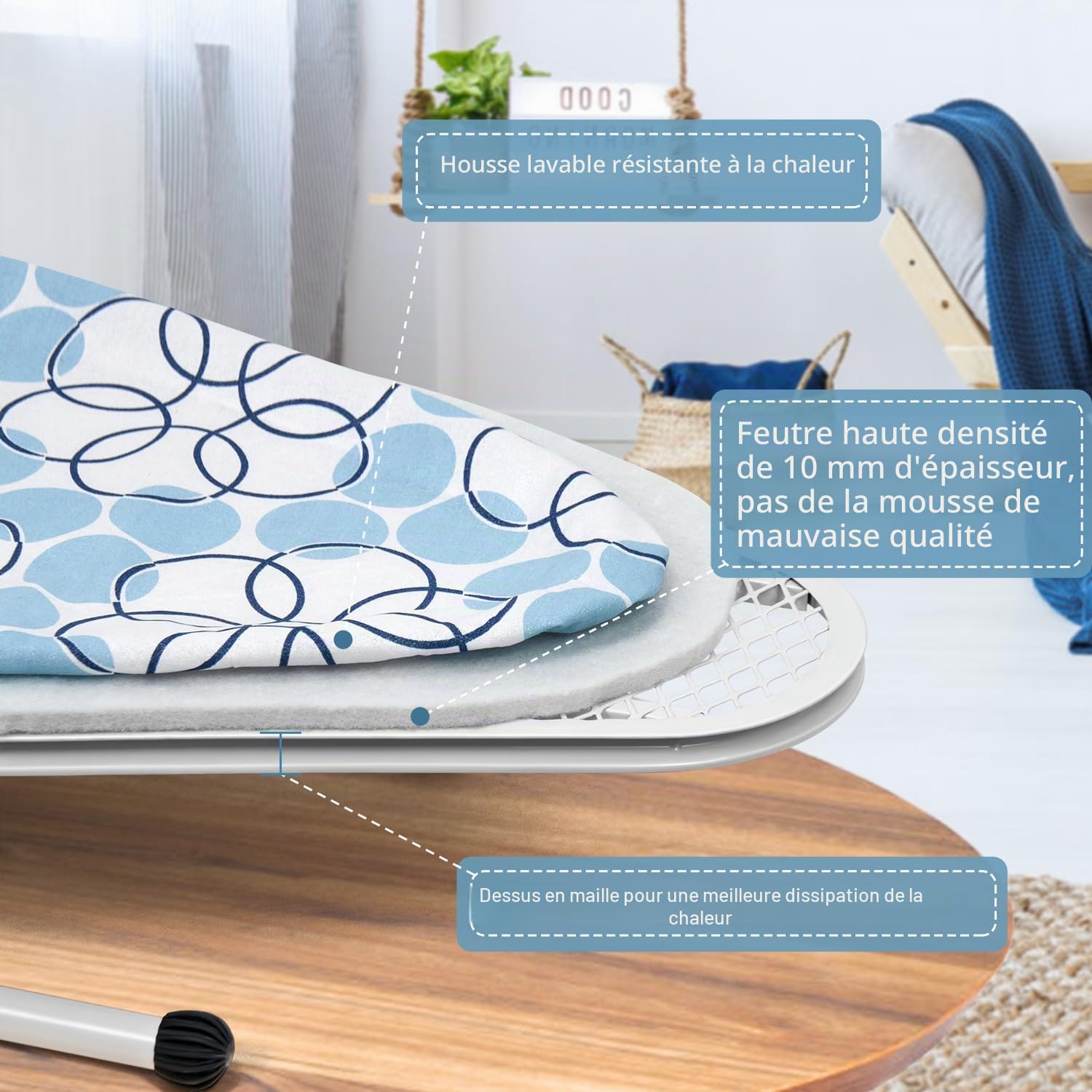 Duwee 32x82cm Table à Repasser de Table avec Repose-Fer, Housse Résistante à la Chaleur avec Coussin en Feutre épais, Design Compact et léger,Le Cercle