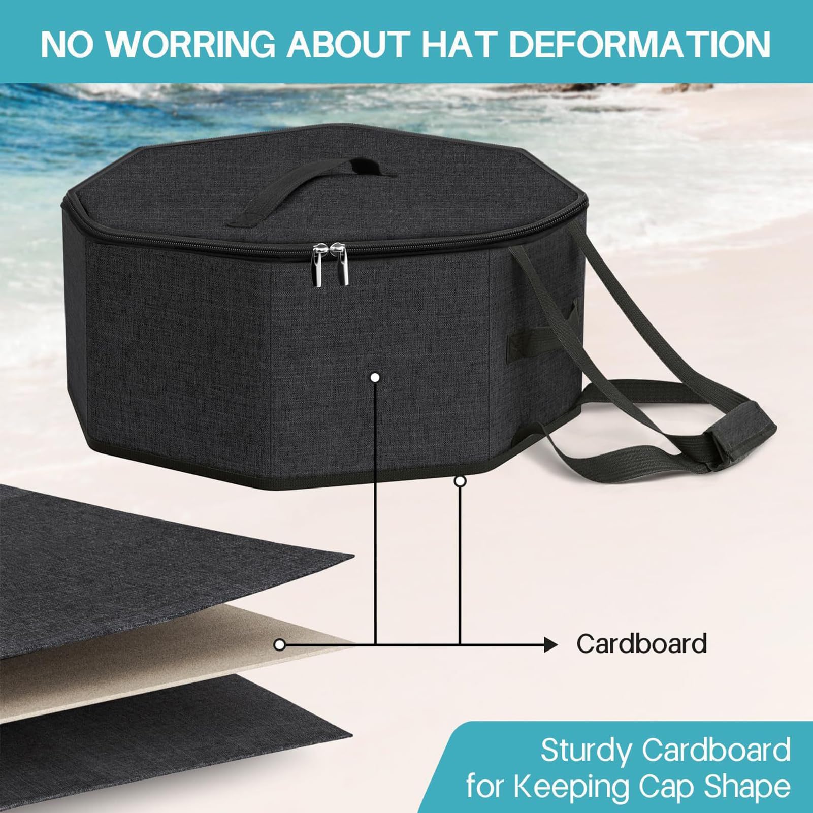 Scatola Porta Cappelli Pieghevole con Coperchio e Tracolla, Custodia da Viaggio per Cappelli da Cowboy e Baseball, Organizer Impilabile per Armadio (Nero,43 x 43 x 18 cm)