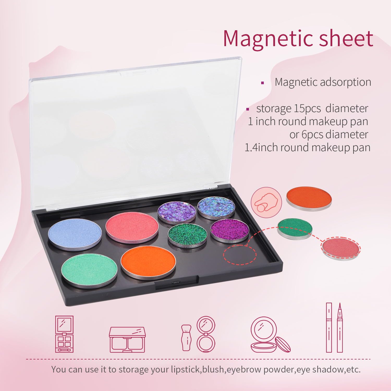 Magnetic Makeup Palette Empty with Clear Top, 3Pack Empty Eyeshadow Pan Dispensing Storage Box with 60Pcs Adhesive Metal Stickers for DIY Cosmetics Lipstick Blush Powder-5.7"x4.3"Palette