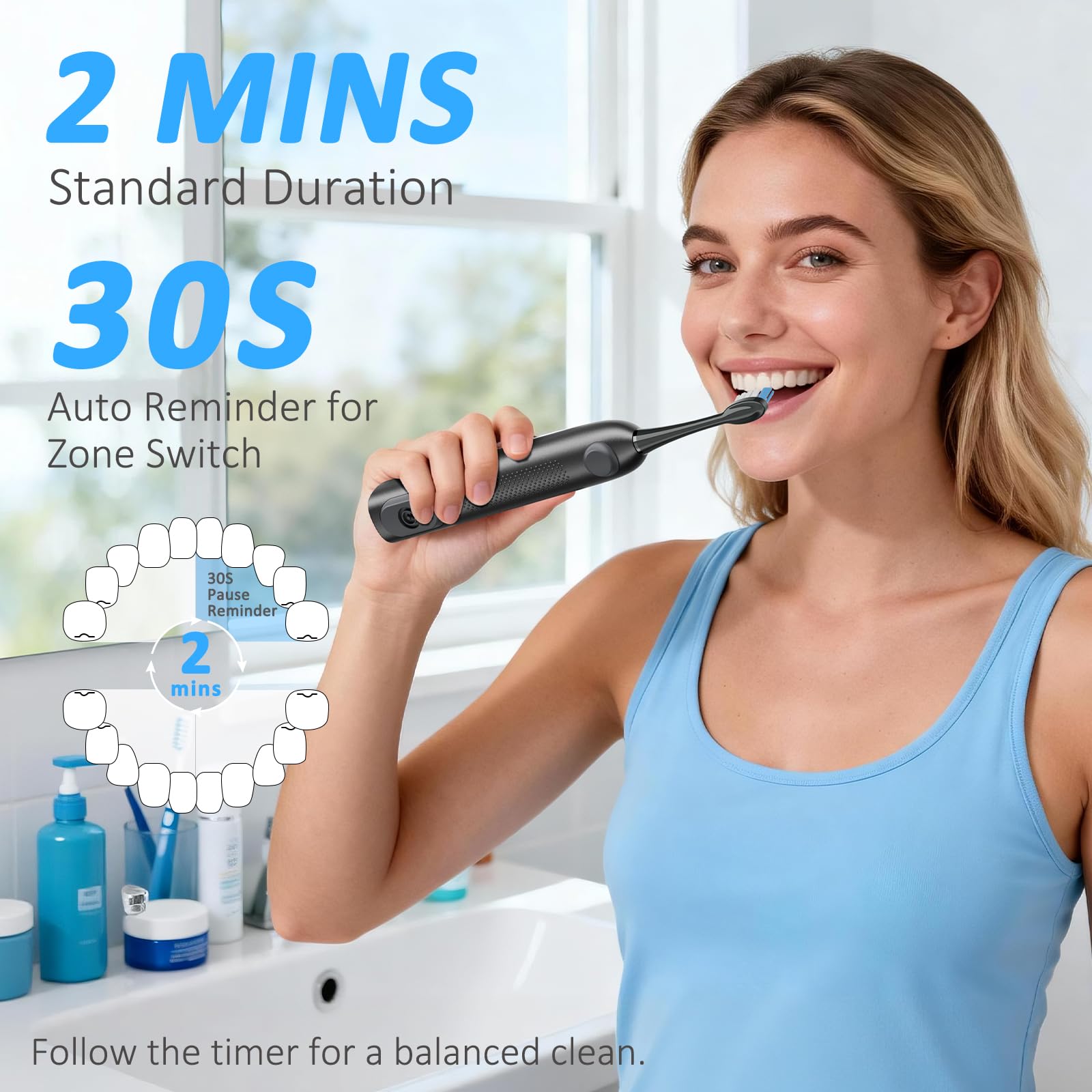 Marchpower Cepillo de Dientes Eléctrico Sónico con Irrigador y 46° Oscilación Vibración, IPX7 Impermeable Irrigador Dental Portatil con 2 Cabezales Aceptado, Depósito Magnético de Agua de 155 ml