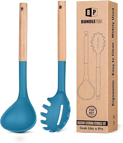 Miniatura 12 de Juego de tenedor y cucharón de silicona para pasta con mango de madera, utensilios de cocina antiadherentes resistentes al calor para cocinar,