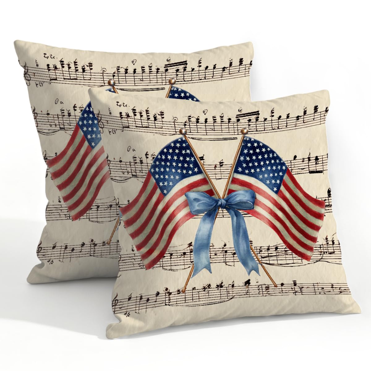 Outdoor Pillow Covers Waterproof Pillowcases 22x22in Set of 2 Vintage American Flags Ribbon Musical Note Decorative Throw Cushion Case for Couch Sofa Garden Patio Furniture