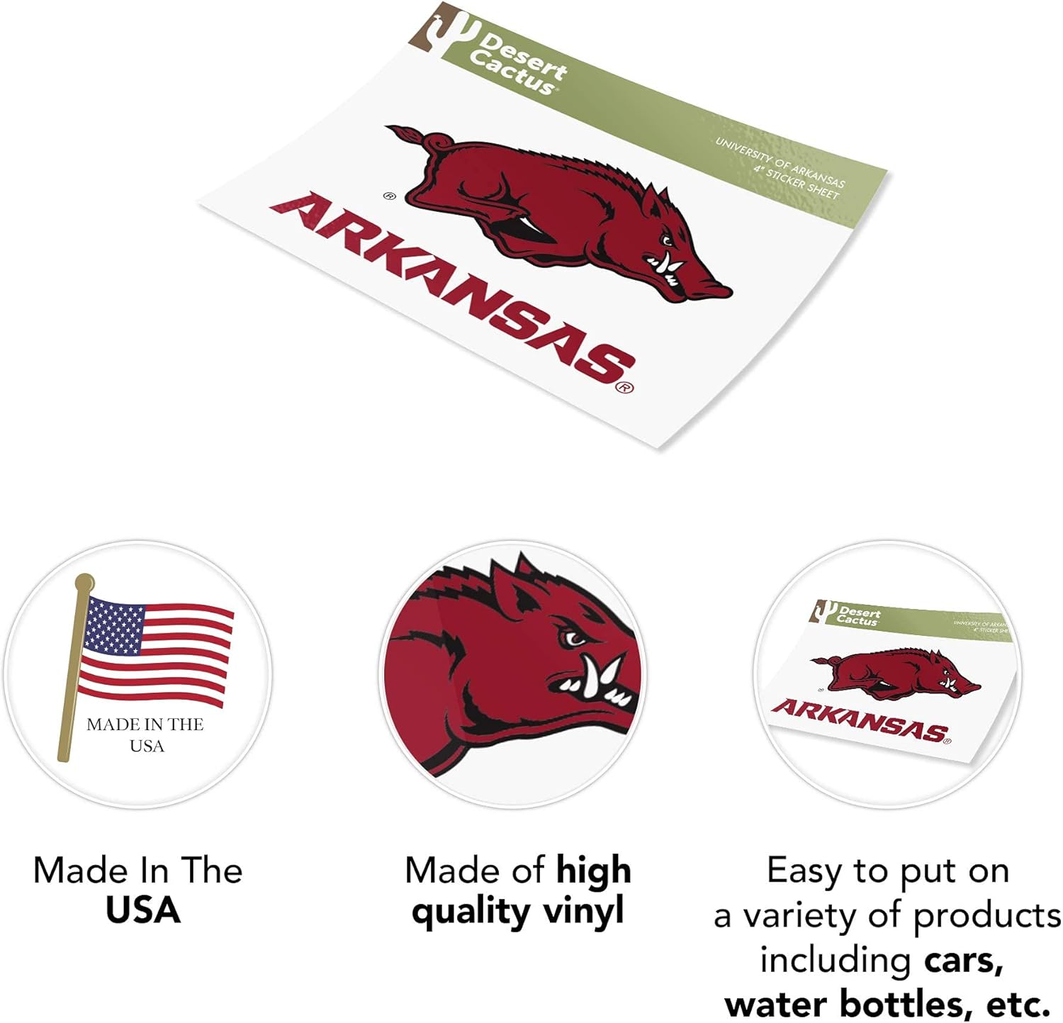 Desert Cactus University of Arkansas Sticker Razorbacks U of A Hogs Vinyl Decal Laptop Water Bottle Car Scrapbook 11x8 Sheet (4 Inch Set V1)