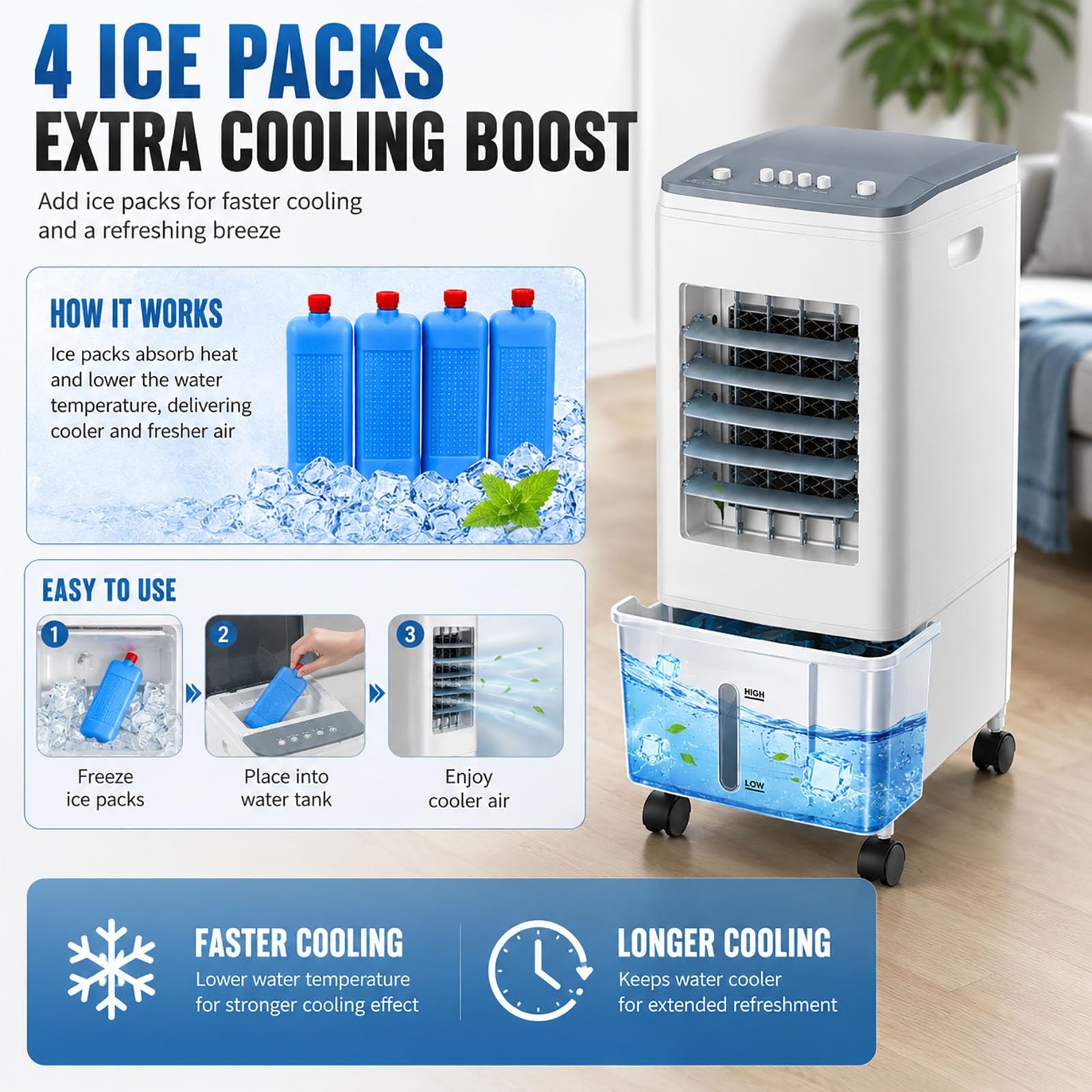 Climatizador Evaporativo, Ventilador de Torre Portátil 4 en 1, Tanque de 6L, 3 Velocidades y Modos, Oscilación 120°, Enfriador de Aire Silencioso con 4 Acumuladores de Hielo
