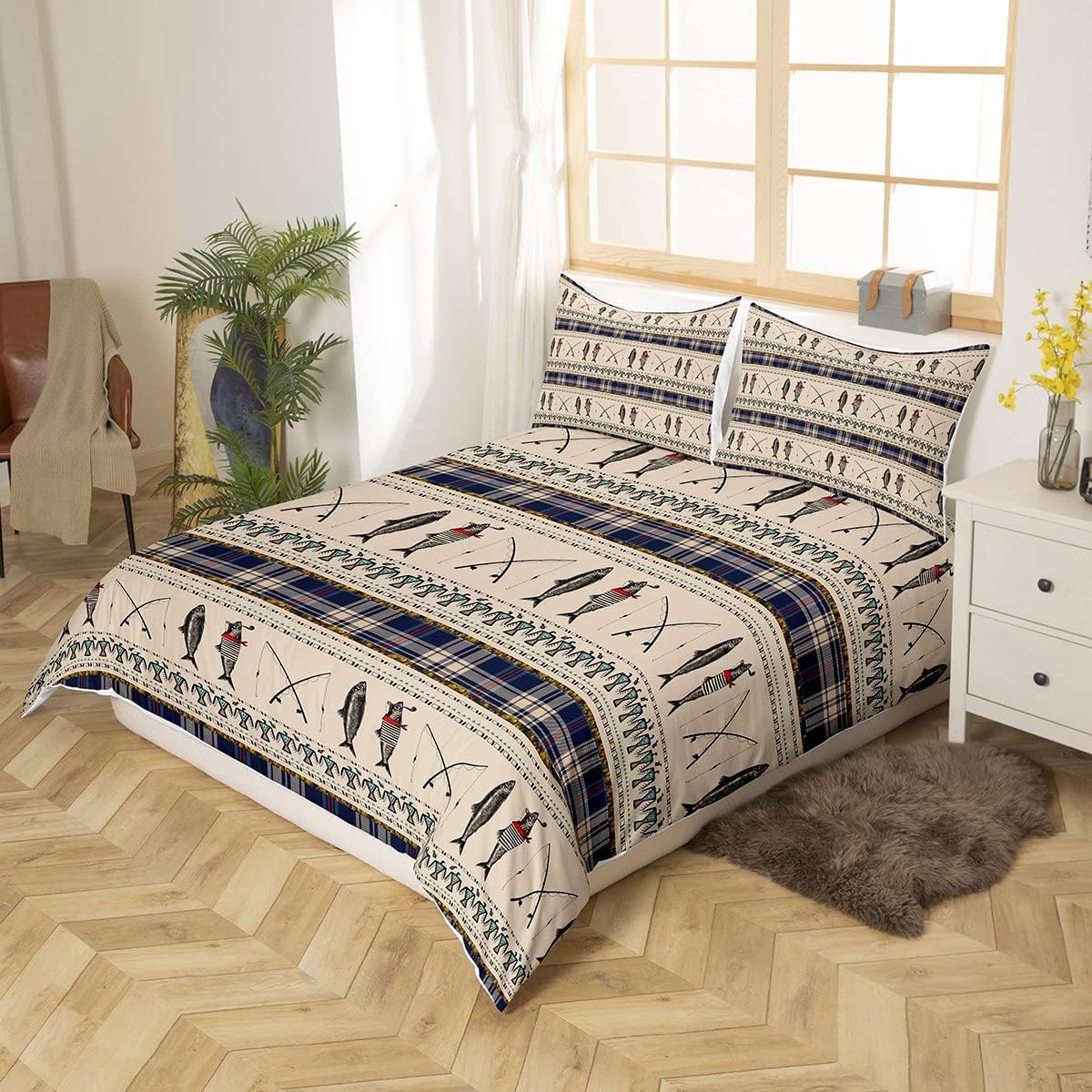 Erosebridal Fishing Themed Duvet Cover, Rustic Farmhouse Comforter Cover King Size for Kids Teens Adult Bedroom, Fishing Rods Bedding Set Western Country Plaid Quilt Cover with 2 Pillow Cases