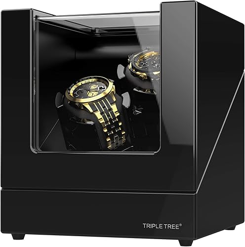 TRIPLE TREE Enrollador de reloj doble para relojes automáticos, caja automática de reloj con acabado de piano de carcasa de madera, con motor