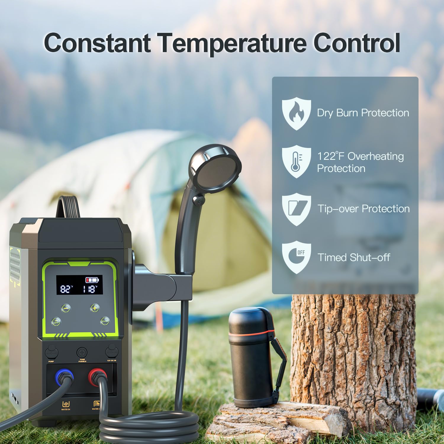 Jocoevol Tragbarer Warmwasserbereiter, Propan-Warmwasserbereiter mit Duschpumpe, Max 100 Minuten 3s Sofort Heiß 20.000 BTU, 4000 mAh Wiederaufladbarer Eingebauter Akku für Außenreinigung, Camping