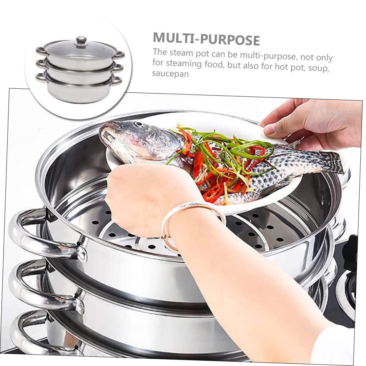 MAGICLULU Edelstahl Dampfgarer 3-lagig 28cm mit Glasdeckel Dampfkorb zum Dünsten von Gemüse und Suppen Mehrschichtiger Dampftopf für Schonendes Kochen im Haushalt