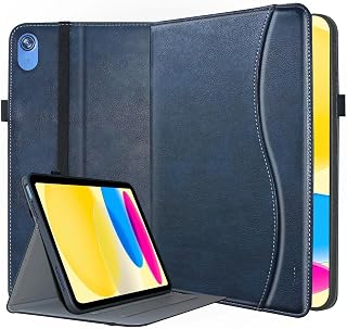 10.9 inch iPad Case 10th Generation with Pocket, Multiple Angles Viewing Leather Folio Protective Cover with Auto Sleep Wake for 2022 10.9 inch iPad Only, Blue
