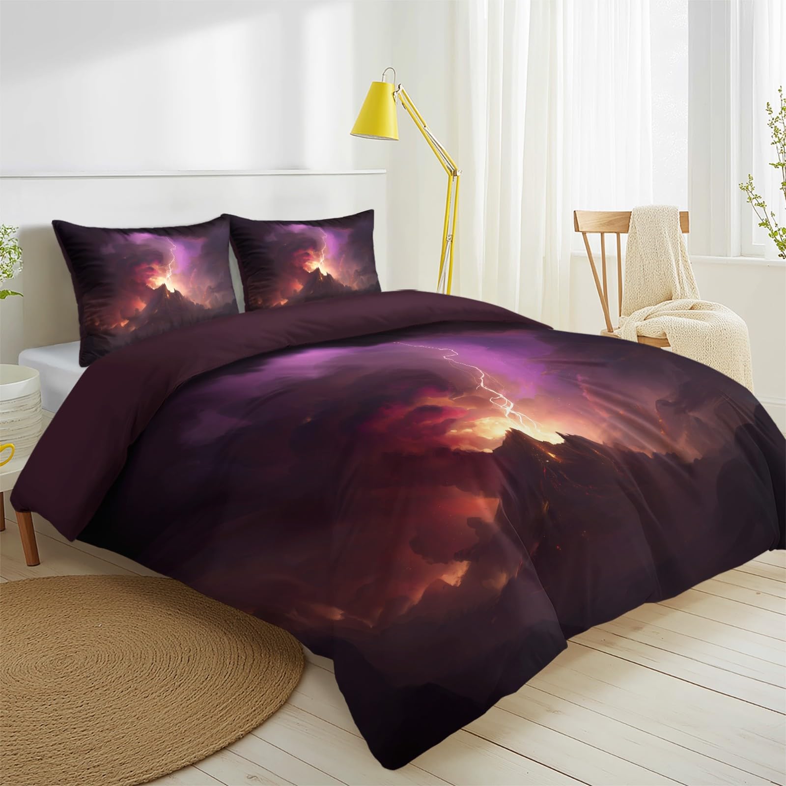 Set copripiumino ultra morbido, antipiega e facile da pulire, 200 x 200 cm, 3 pezzi, con federa, dramatic disaster, vulcano, fumo, fulmini, lava, paesaggio scuro