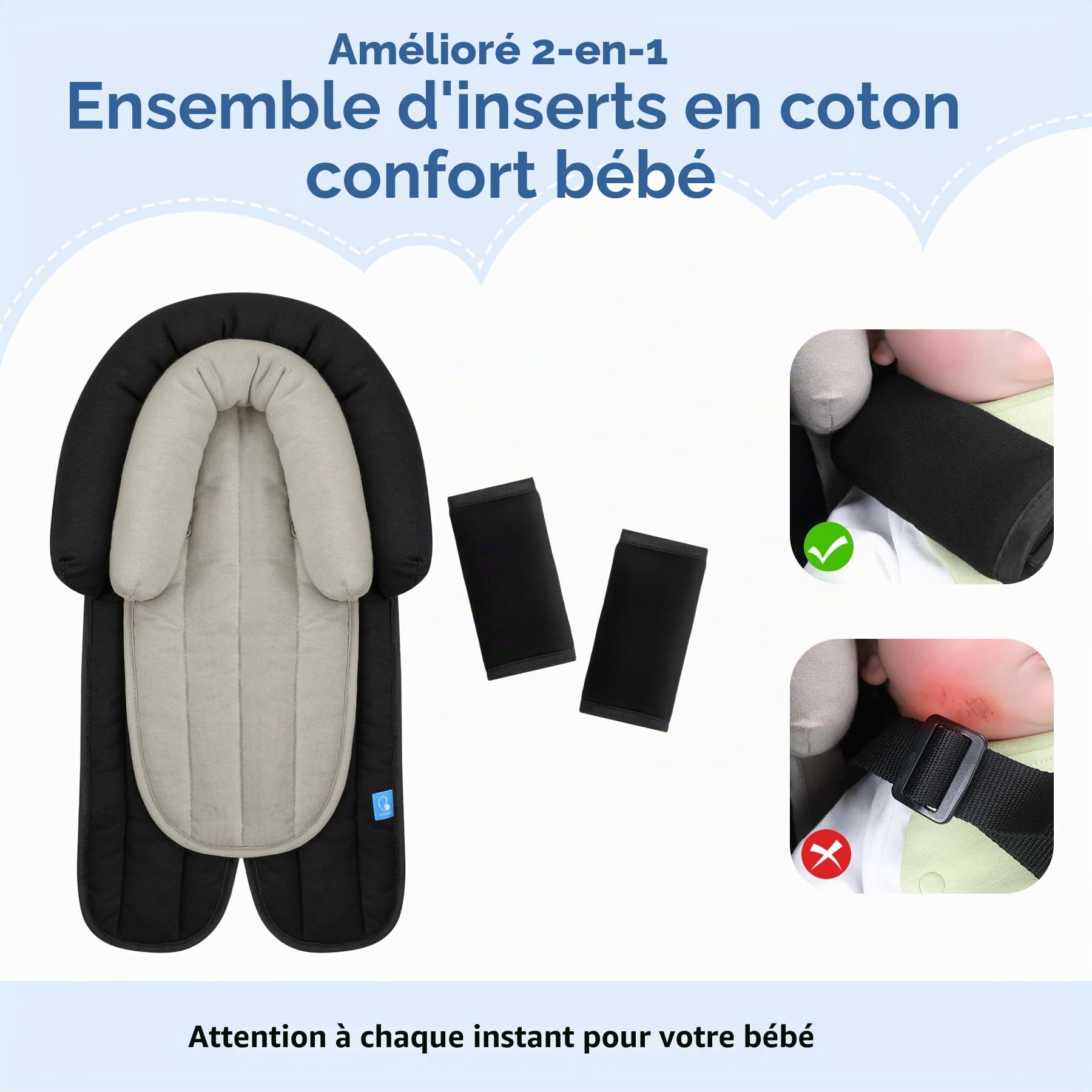 INFANZIA Réducteur de siège universel 2 en 1 avec rembourrage de ceinture, appui-tête pour nacelle, poussette et sièges auto - Noir