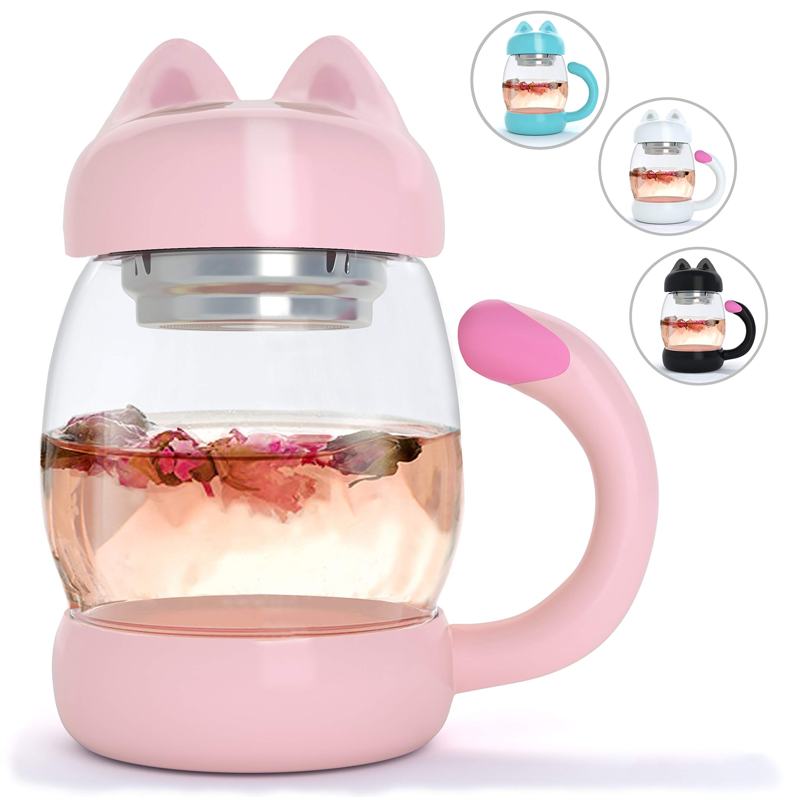 Cute Cat Glass Tea Mug / Cup With Removable Strainer / Infuser and Lid - for use with any Beverage - Holds 14 oz