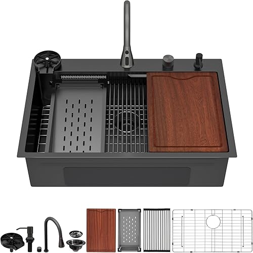 33 Inch Black Waterfall Drop In Kitchen Sink with Faucet, 33x22 Topmount Stainless Steel 16 Guage Single Bowl Multifunctional Sinks Workstation with Glass Rinser and Soap Dispenser, LOF-WF3322