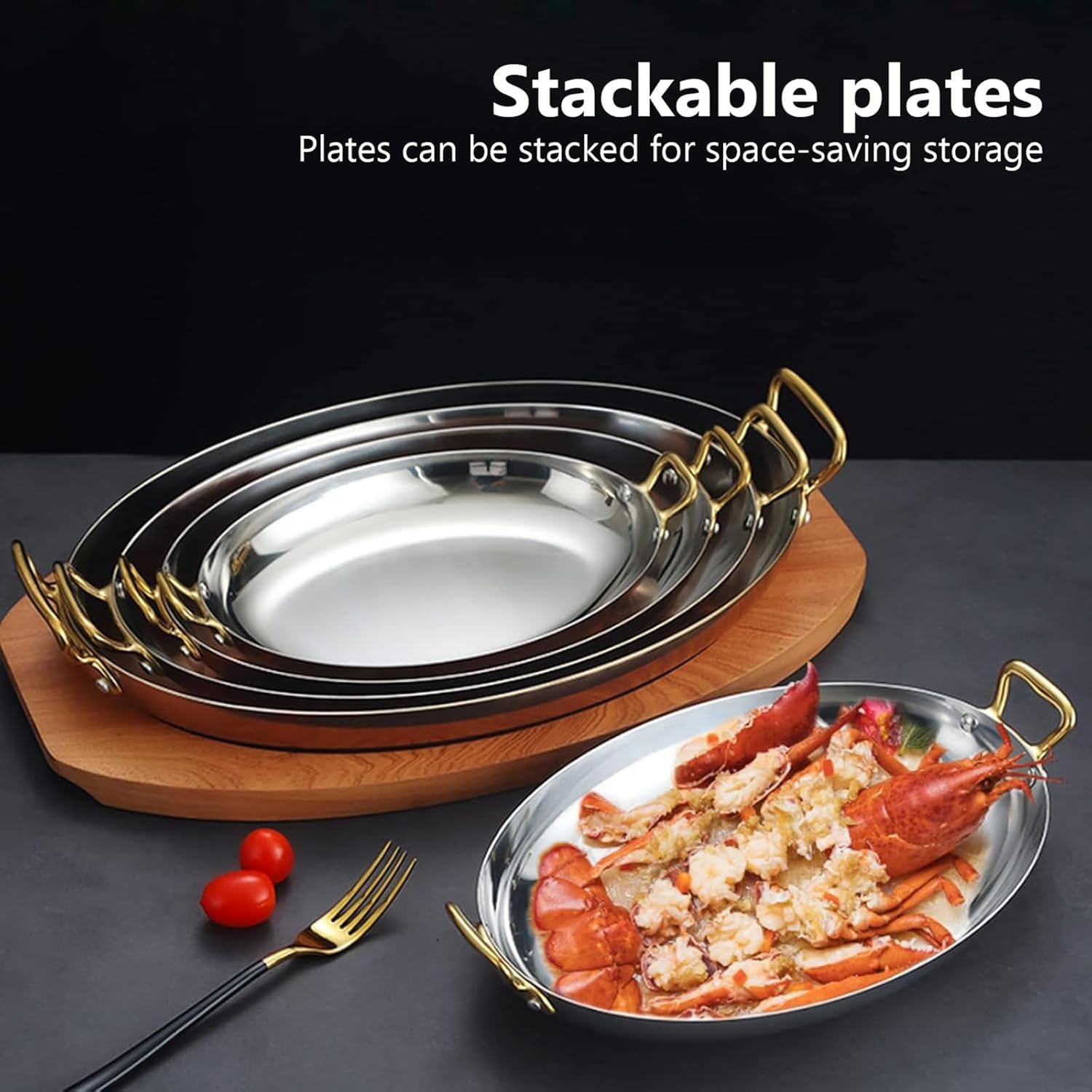 Bandeja de acero inoxidable 304 con asas dobles, bandeja duradera de mariscos para el hogar, restaurante, camping, diseño elegante, 30 cm