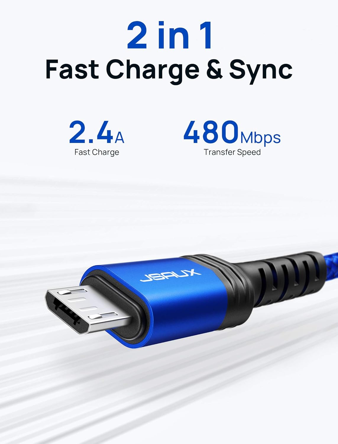 JSAUX Micro USB Cable for Android, (2-Pack 6.6FT) Kindle Charger Cord Replacement, Nylon Braided USB Micro Charging Cable Compatible with Galaxy S7 S6 J7 Edge Note 5, Kindle, MP3-Blue