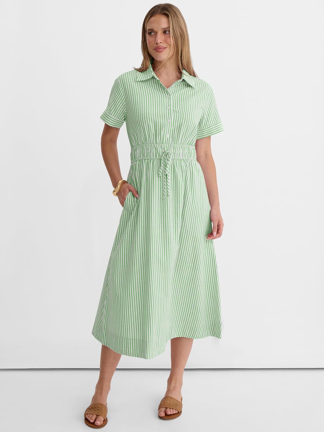 ANRABESS Womens Summer Midi Dress Short Sleeve Striped Plaid Button Collar Shirt Dresses 2026 Casual Beach Vacation Clothes Light Green White Stripe L - Image 6